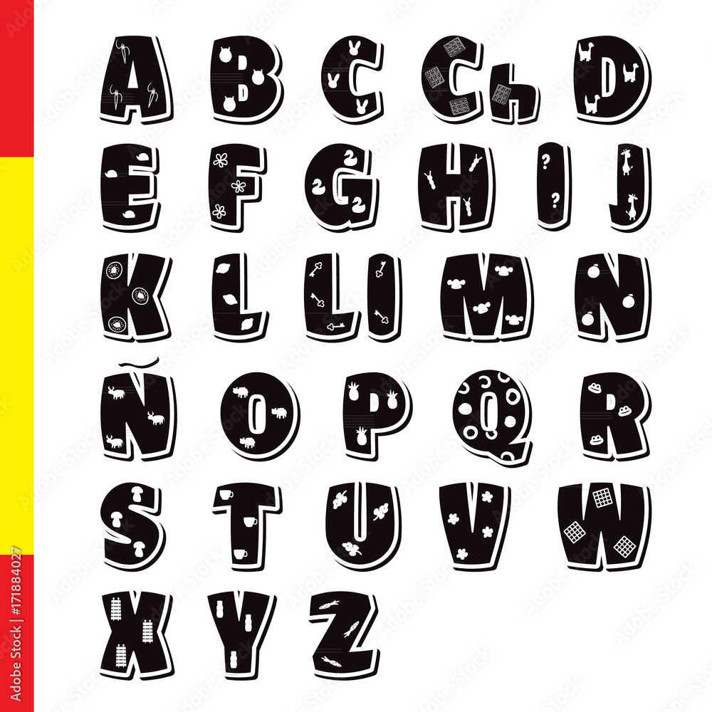 Cute funny childish Spanish alphabet. Vector font illustration Cute funny childish Spanish alphabet. Vector font illustration