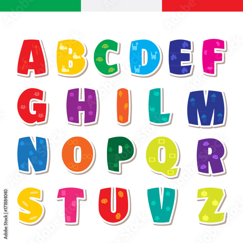 Cute funny childish Italian alphabet. Vector font illustration