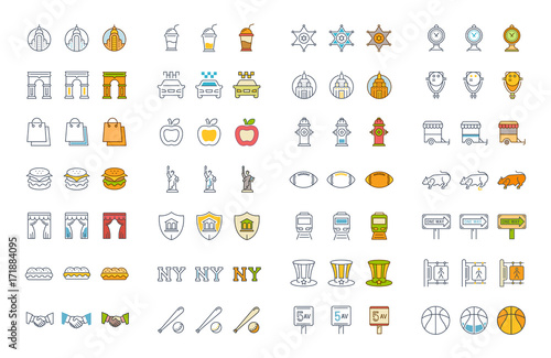 Set Vector Flat Line Icons New York