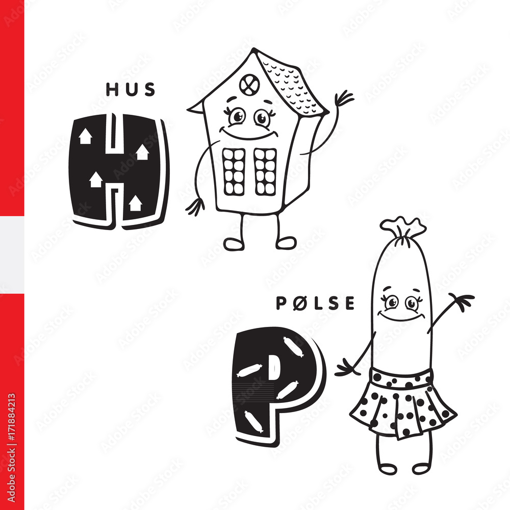 Danish alphabet. Home, Sausage. Vector letters and characters Danish alphabet. Home, Sausage. Vector letters and characters