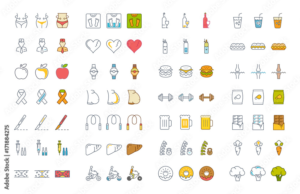 Fototapeta premium Set Vector Flat Line Icons Obesity