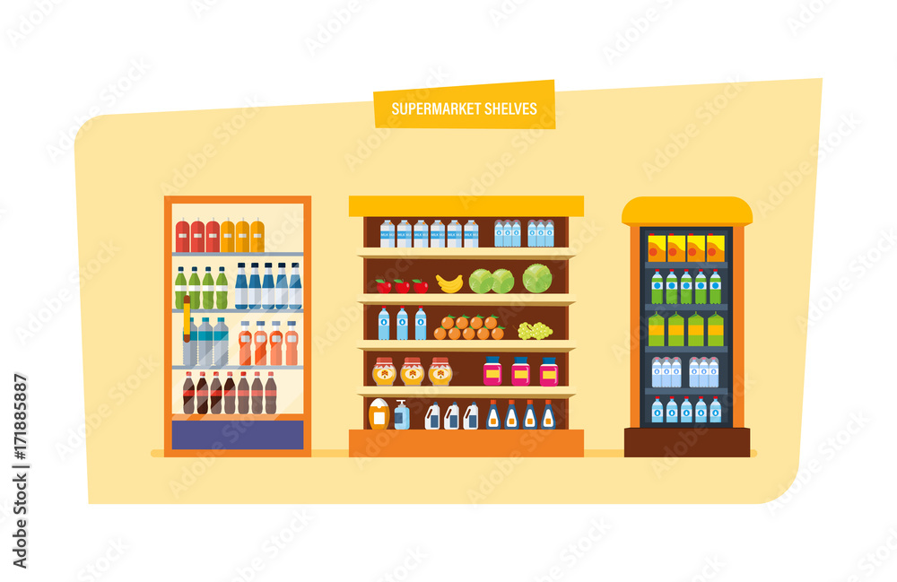 Store shelves with drinks, vegetables, fruits. Buying in supermarket, store. Store shelves with drinks, vegetables, fruits. Buying in supermarket, store.
