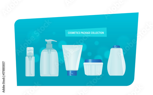 Cosmetics package collection. Realistic set of liquid soap, cream, perfume.