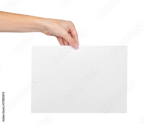 Hands holding paper blank isolated on white background