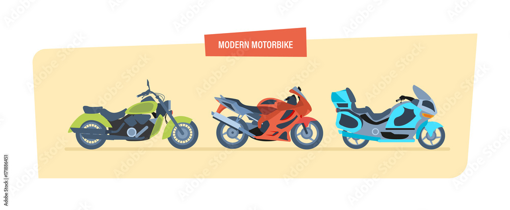Obraz premium Different types of modern motorcycles: sports, biker motorcycle, classic.