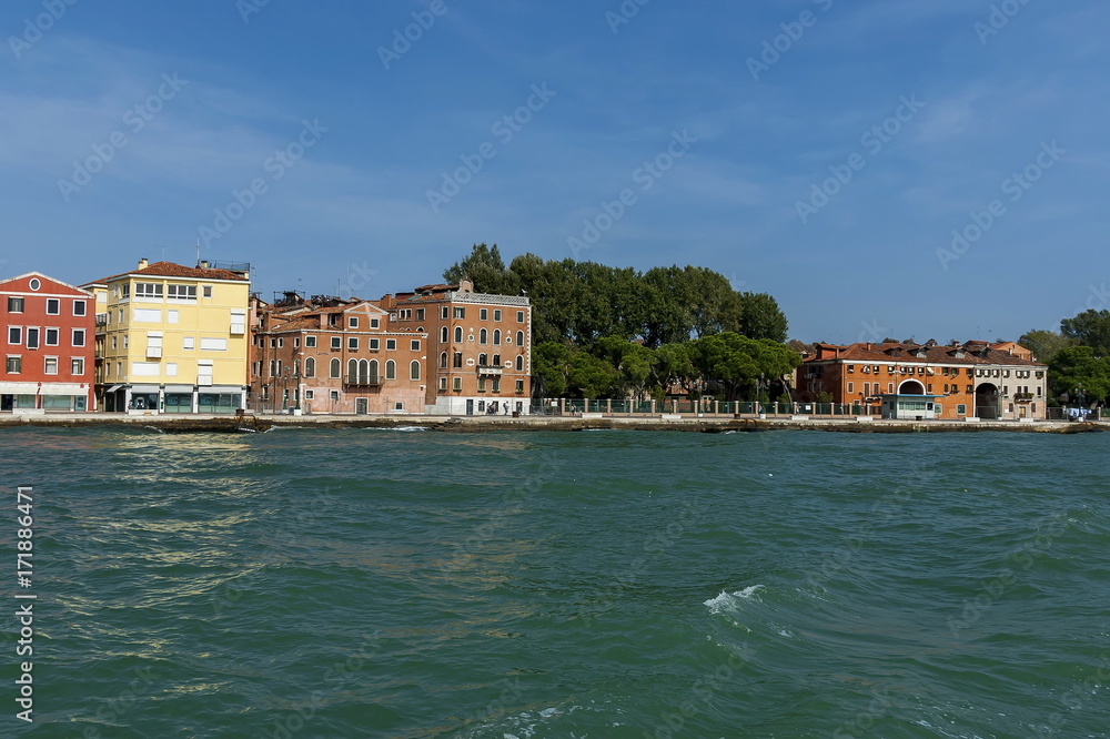 View from the sea at the residential district of waterside in Venezia, Venice, Italy, Europe