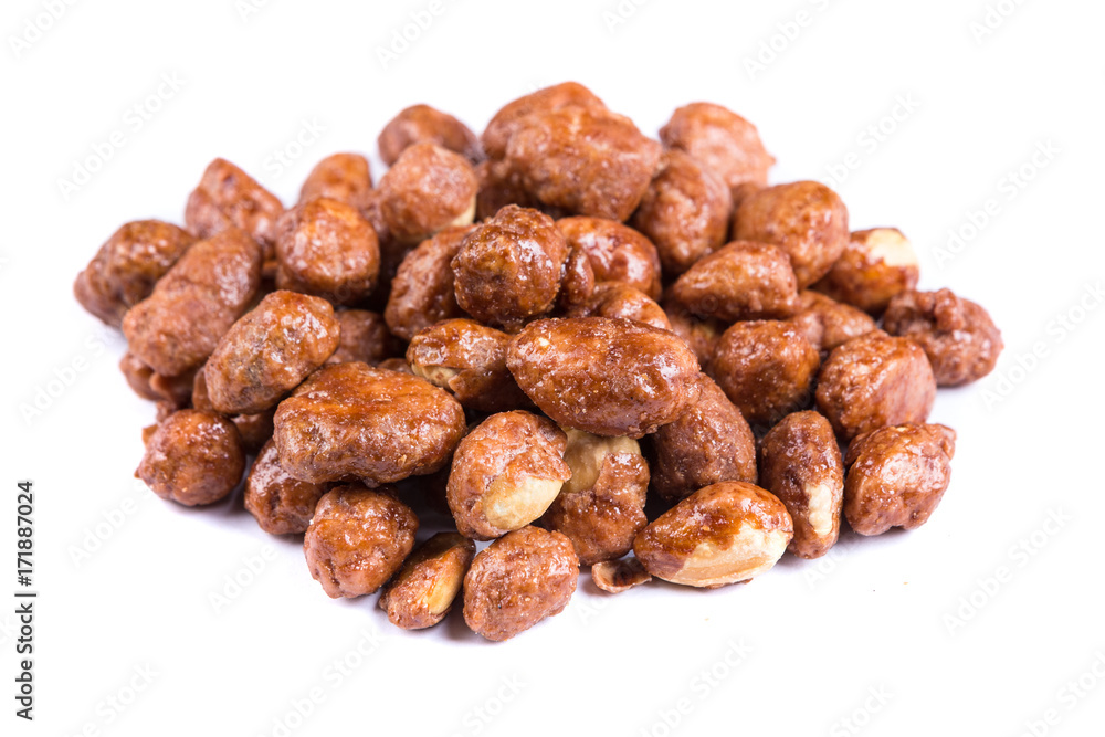 Pile of sugar coated peanuts isolated on a white background