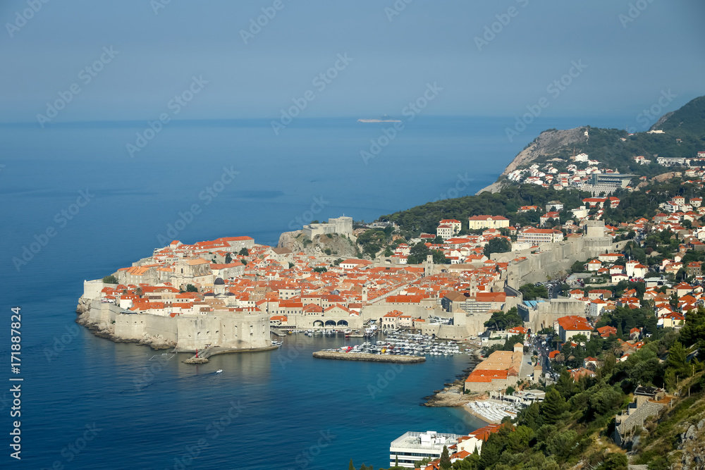 A view of the old town of Dubrovnik from the Srd mountain in Croatia.