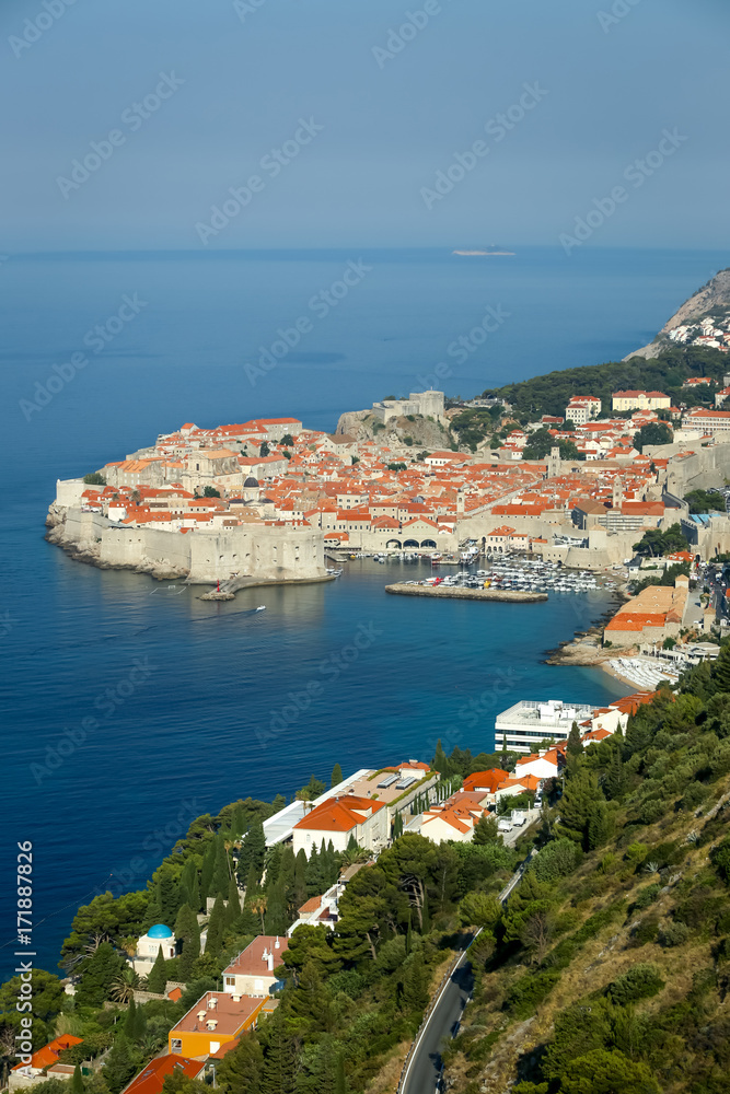 A view of the old town of Dubrovnik from the Srd mountain in Croatia.