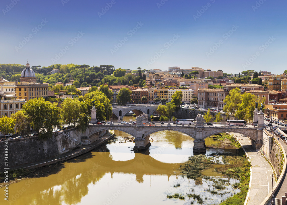 Top view of the Tiber and the bridges across it, Rome, Italy