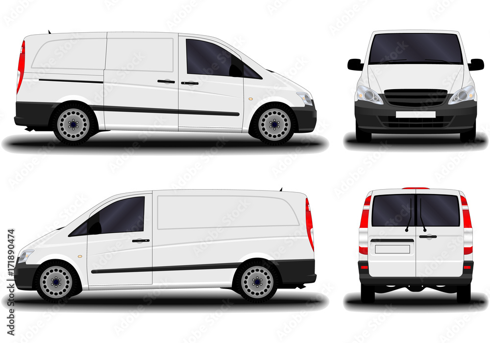 realistic cargo van. front view; side view; back view.