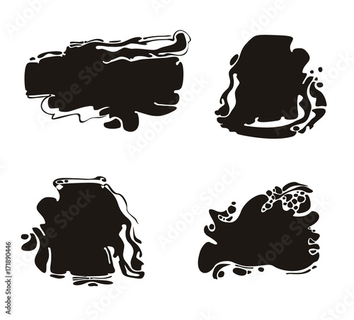 Blots. Vector graphic template imitation of oil puddles. Set of four spots of black puddles.