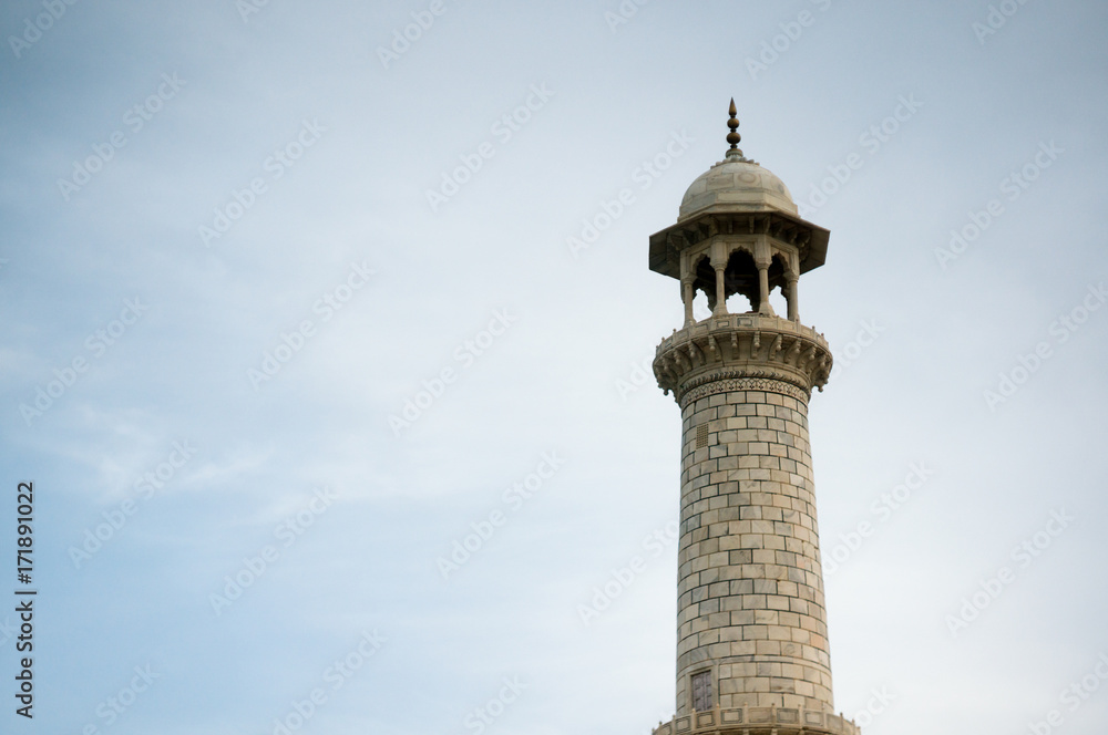Beautiful marble minaret towers of the Taj Mahal. These amazing feats of architecture stand 130 feet tall. The architecture and carving on these make it really beautiful