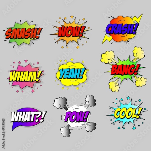 Comic sound speech effect bubbles set isolated on white background vector illustration. Wow, pow, bang, crash, boom, ooh, smash, snap, poof lettering.