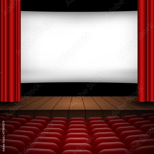 illustration of the interior of a cinema movie theatre with red curtains, rows of seats, wooden scene and copyspace on the screen