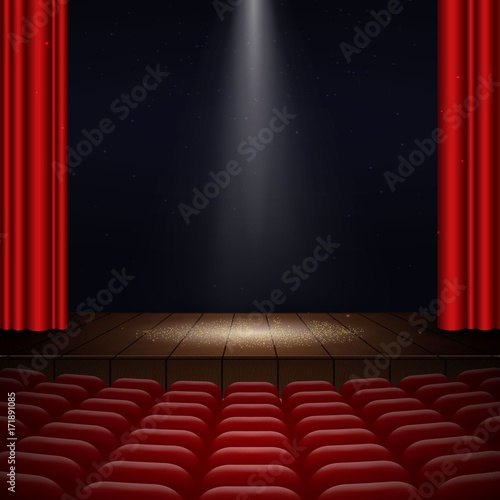 illustration of the interior of a cinema movie theatre with red curtains, rows of seats, wooden scene and copyspace on the screen