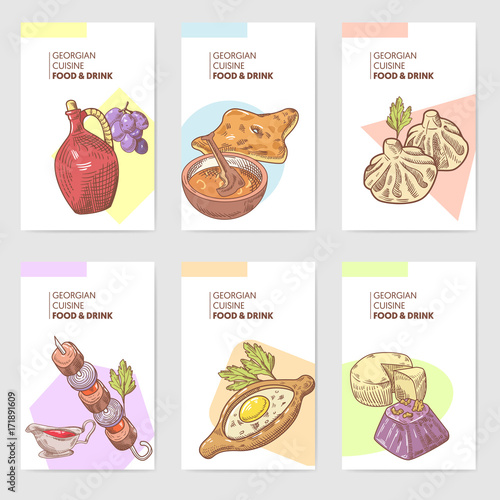 Hand Drawn Georgian Food Brochure Template. Georgia Traditional Cuisine with Dumpling and Khinkali. Vector illustration