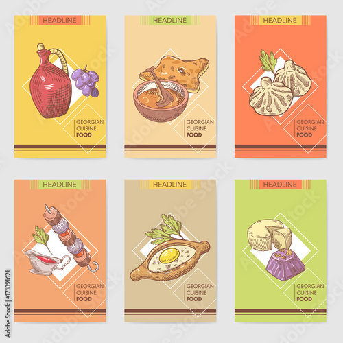 Hand Drawn Georgian Food Brochure Template. Georgia Traditional Cuisine with Dumpling and Khinkali. Vector illustration