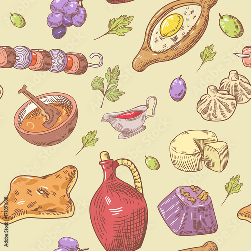 Hand Drawn Georgian Food Seamless Pattern. Georgia Traditional Cuisine Background with Dumpling and Khinkali. Vector illustration