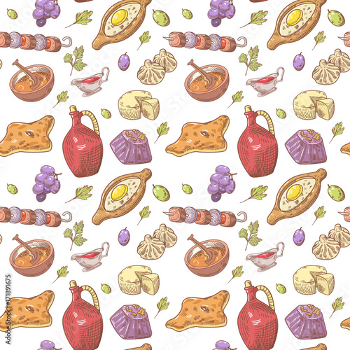 Hand Drawn Georgian Food Seamless Pattern. Georgia Traditional Cuisine Background with Dumpling and Khinkali. Vector illustration