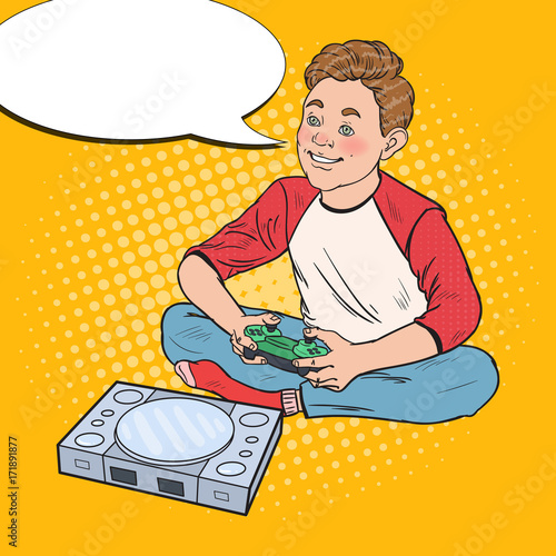 Pop Art Happy Boy Playing Video Game. Kid with Control Console. Vector illustration