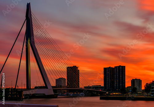 Rotterdam city cityscape with Erasmus bridge at sunset