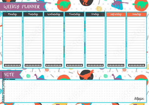 Printable weekly planner. Cute page for notes. Notebooks,decals, diary, school accessories. Cute pink romantic vector page.