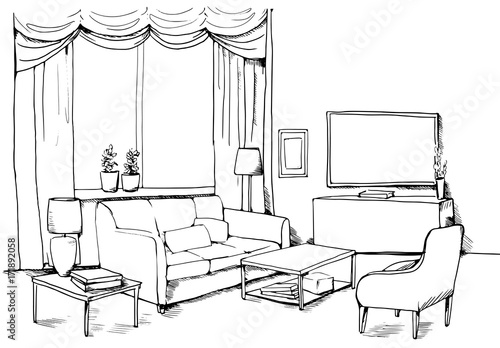 Vector illustration of modern living room with furniture: sofa, armchair, table, lamp, window, tv. Black lines sketch.