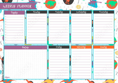 Printable weekly planner. Cute page for notes. Notebooks,decals, diary, school accessories. Cute pink romantic vector page.