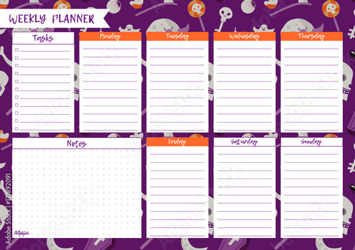 Printable weekly planner. Cute page for notes. Notebooks,decals, diary, school accessories. Halloween vector page.