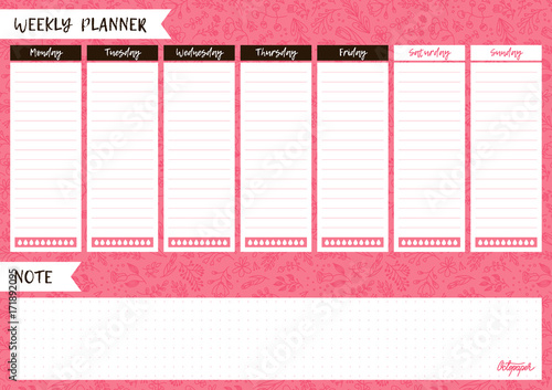 Printable weekly planner. Cute page for notes. Notebooks,decals, diary, school accessories. Cute pink romantic vector page.