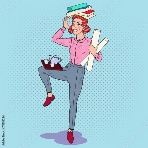 Pop Art Multitasking Business Woman at Work. Overload Office Secretary with Pile of Papers. Vector illustration