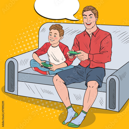 Pop Art Dad and Son Playing Video Game on a Game Console. Computer Gaming. Vector illustration