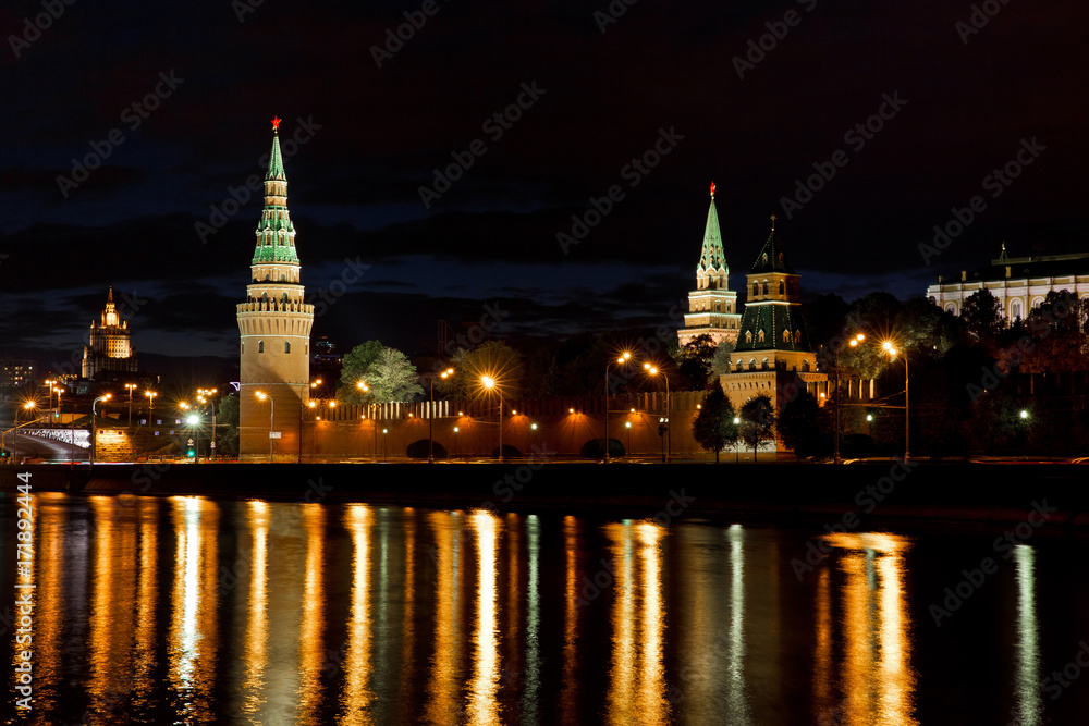 Road traffic and Kremlin night view