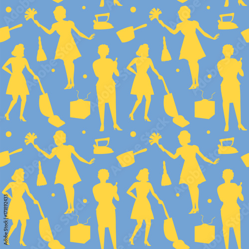 Housewife Retro Woman Silhouette Seamless Pattern. Housekeeper Vintage Style Background. Faceless Girl. Vector illustration