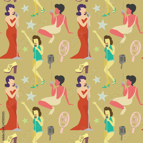 Retro Woman Singing on Microphone Seamless Pattern. Vintage Fashion Model. Pop Art Girl. Vector illustration