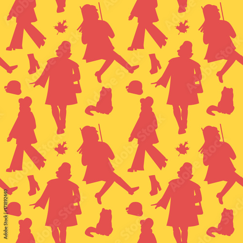 Woman Silhouette Autumn Retro Fashion Seamless Pattern. Fall Clothes and Maple Leaves Background. Vector illustration