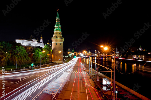 Road traffic and Kremlin night view