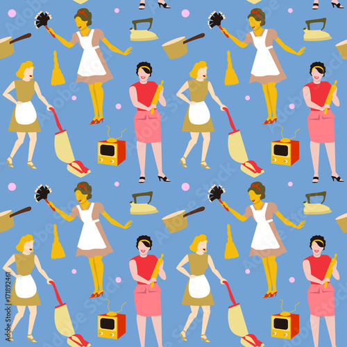 Housewife Retro Woman Seamless Pattern. Housekeeper Vintage Style Background. Faceless Girl. Vector illustration