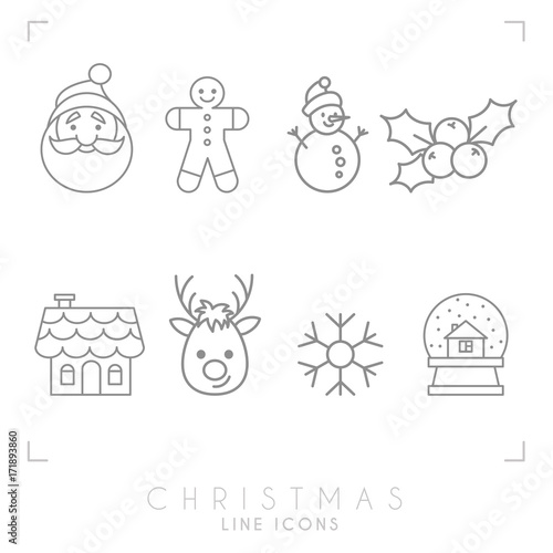Thin line christmas icons set. Gingerbread house, glass snowball, Santa Claus avatar, gingerbread man, deer, snowflake, snowman, holly berry.