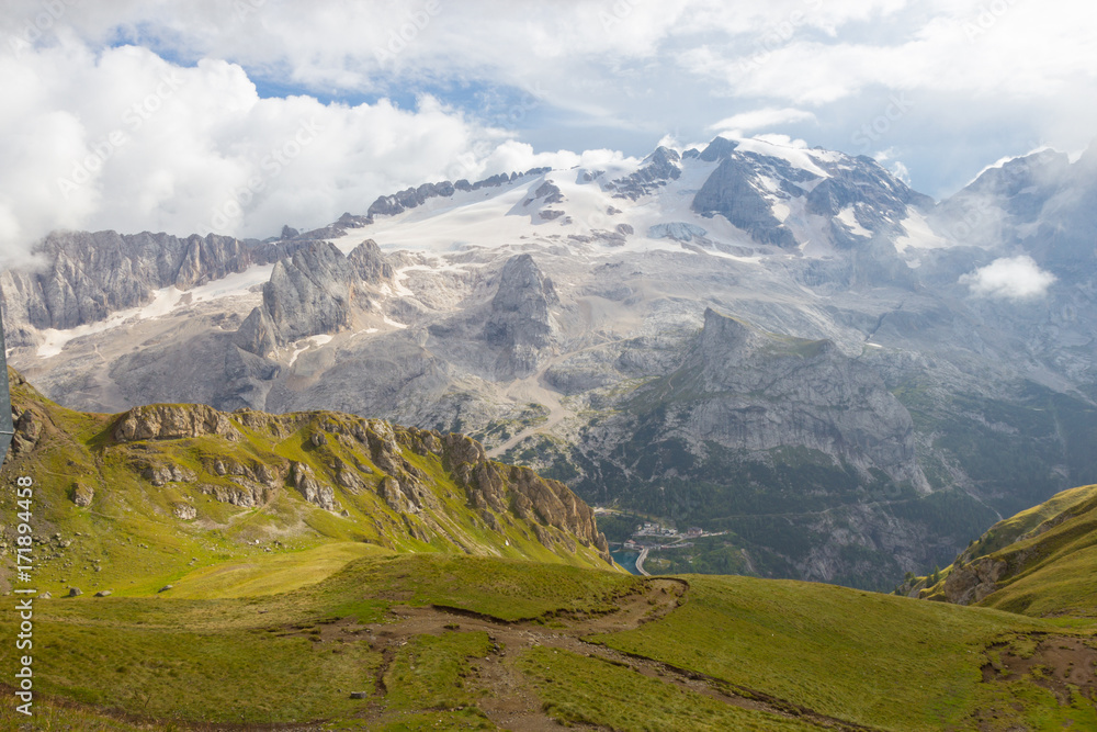Fototapeta premium view of Marmolada glacier from Arabba cable car