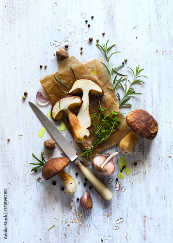 autumn cooking  background;  organic porcini Mushroom; seasoning forest Mushroom and Italian Spices Herb
