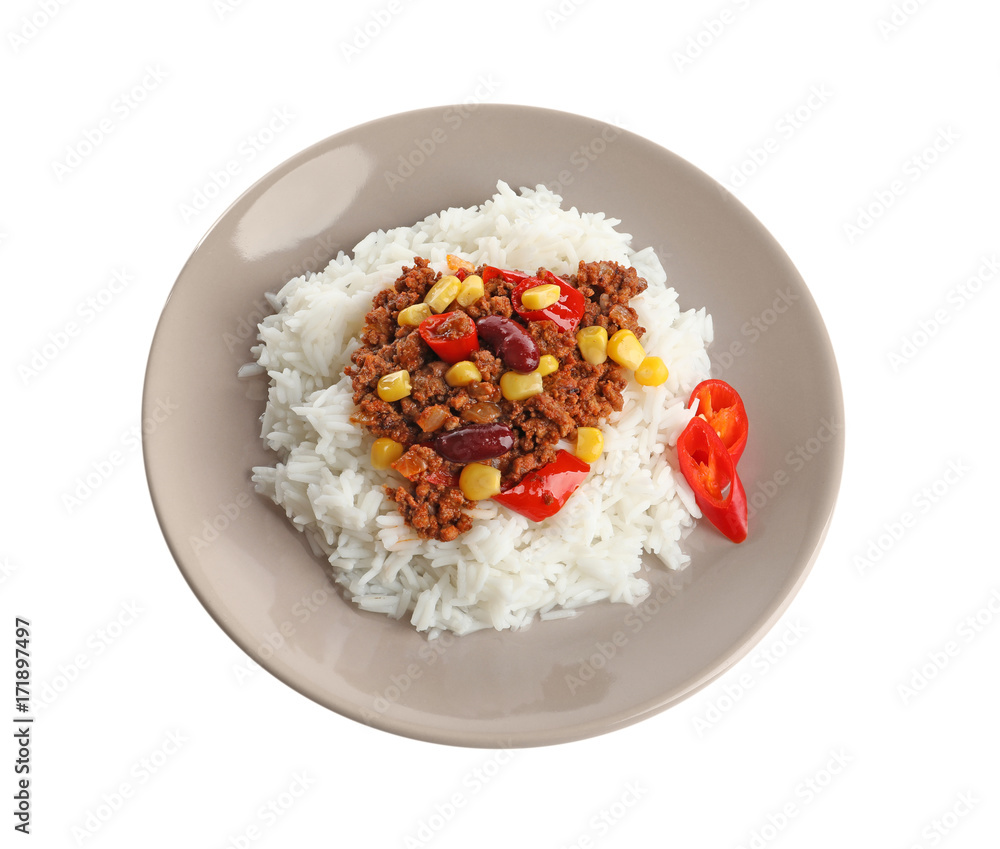 Chili con carne served with rice on plate against white background Chili con carne served with rice on plate against white background