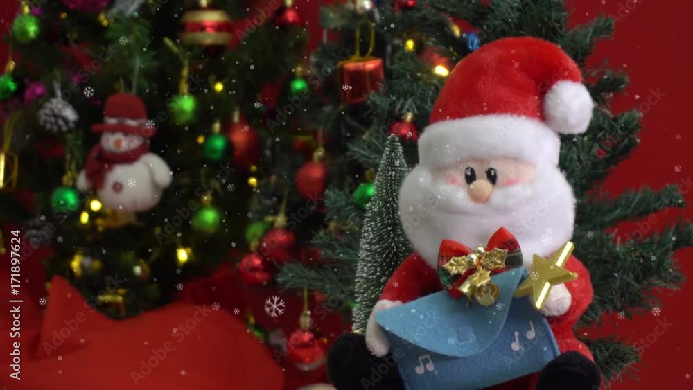 Greeting Season concept.Dolly of Santa Claus with ornaments on a Christmas tree with decorative light in 4k (UHD) Greeting Season concept.Dolly of Santa Claus with ornaments on a Christmas tree with decorative light in 4k (UHD)