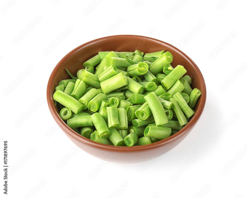 Bowl with fresh green beans on white background Bowl with fresh green beans on white background