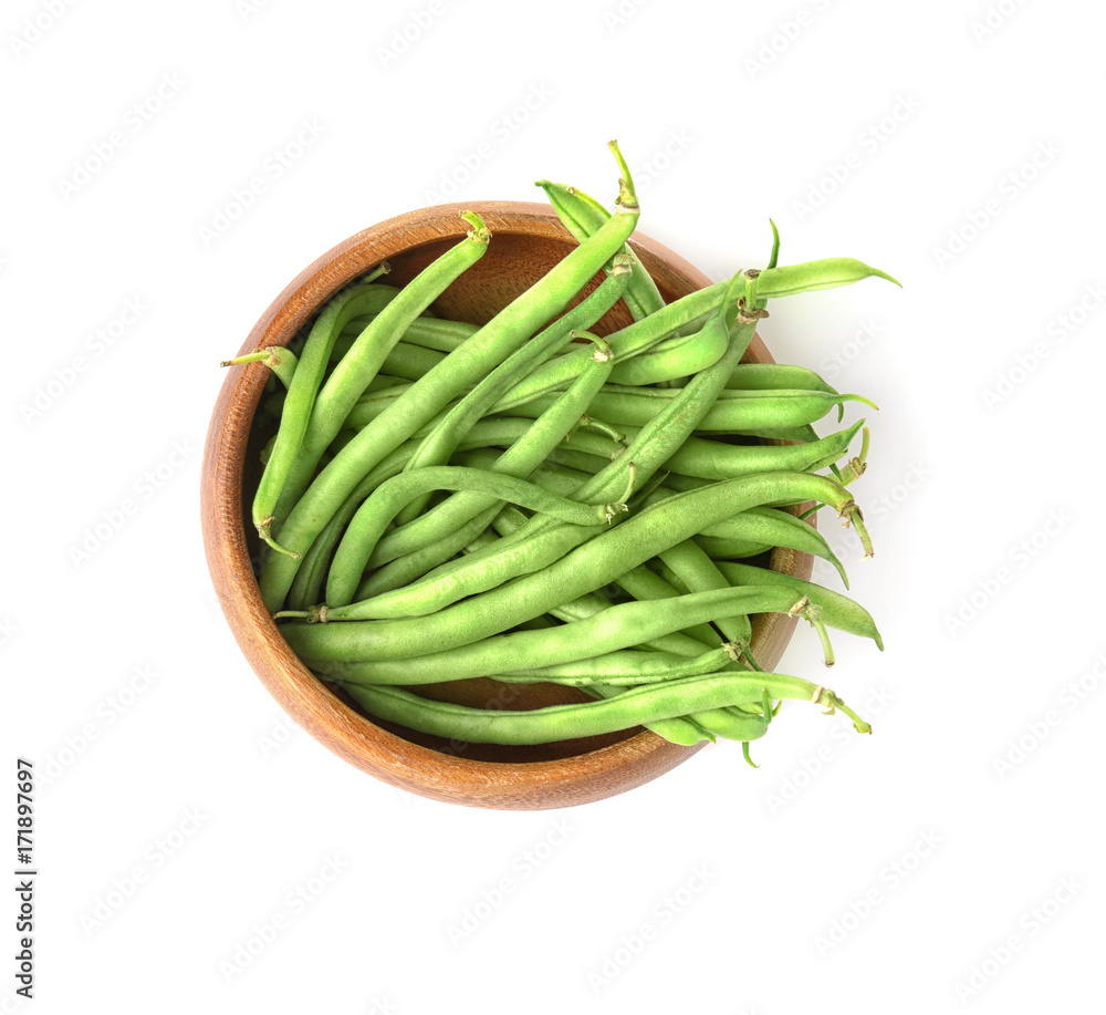 Bowl with fresh green beans on white background Bowl with fresh green beans on white background