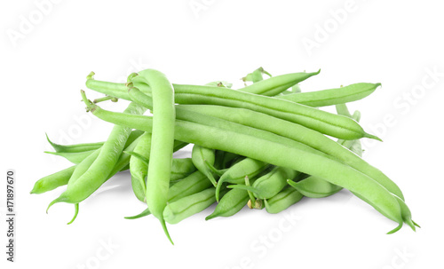 Fresh green beans on white background