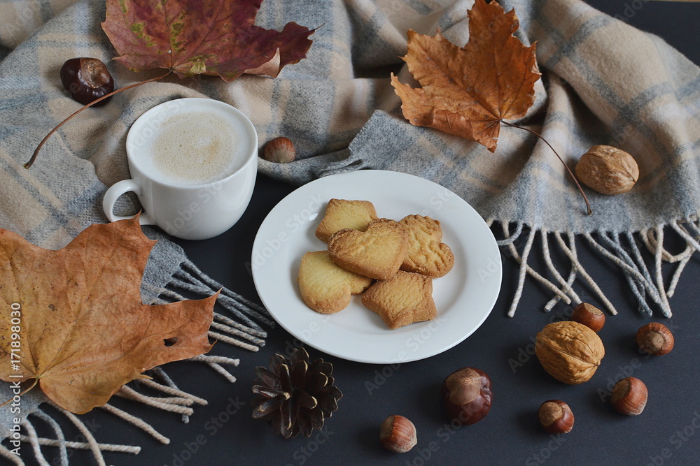 Tea Cup Hot Coffee Cappuccino Autumn Time Cookie Tinted Toned Photo Knitting Scarf Yellow Leaves Chestnuts Black Background Tea Cup Hot Coffee Cappuccino Autumn Time Cookie Tinted Toned Photo Knitting Scarf Yellow Leaves Chestnuts Black Background