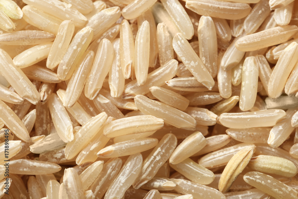 Raw brown rice, closeup