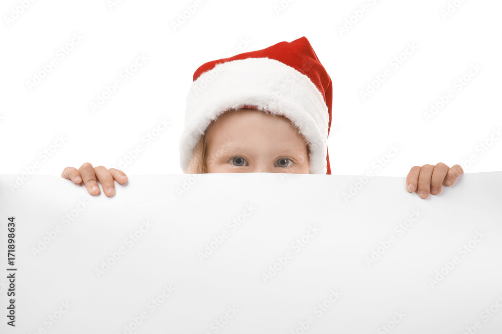 Cute girl with blank poster on white background. Christmas concept Cute girl with blank poster on white background. Christmas concept